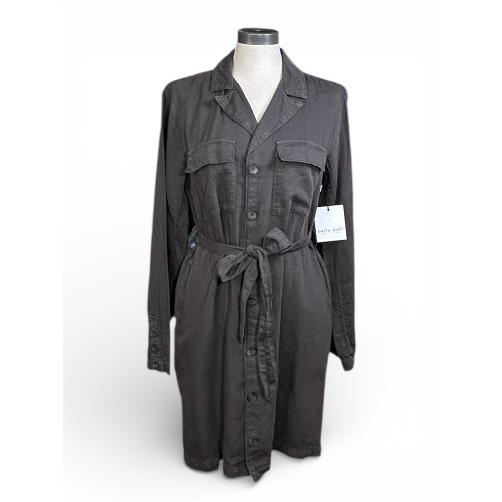 BELLA DAHL Belted Utility Mini Dress Sz M Dark Grey Cotton Linen Lyocell Blend